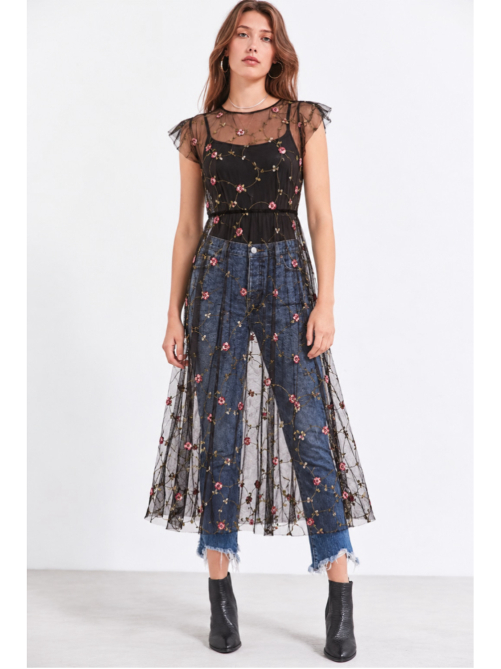 Sheer Black Floral Embroidered Mesh Midi Dress Size M